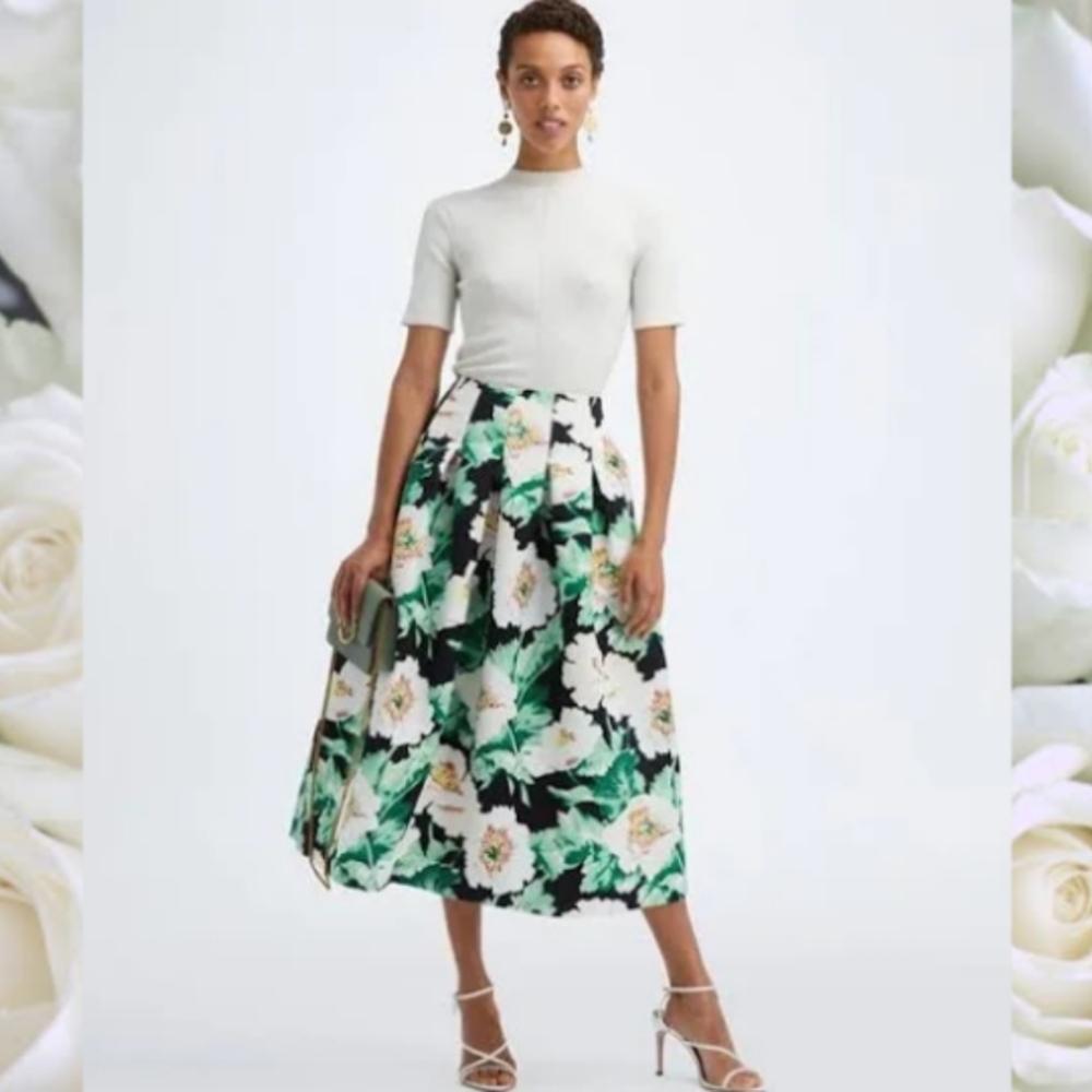 $1,890 NEW OSCAR DE LA RENTA GREEN FLORAL RUNWAY JAQUARD SKIRT US 8